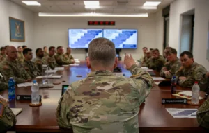 Government professionals collaborating around conference table